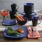 Gibson Soho Lounge 16 Piece Square Dinnerware Set, Blue, Dishwasher Stoneware