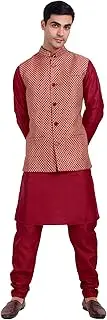 [SKAVIJ] Men's Dupion Silk Kurta Pajama with Nehru Jacket (Waistcoat) Set Indian Traditional Wedding Ethnic Outfit (Small, Red)