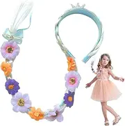 Rapunzel Wig for Kids, 27" Long Braided Wigs Headbands, Rapunzel Hair with Tiara Flowers Adorn, Tangled Wig for Girls Princess Dress up Accessories, Style 2, Braided Wigs