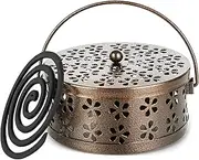 Whthteey Retro Portable Iron Mosquito Coil Holder with Handle Round Fireproof Incense Holder Bronze