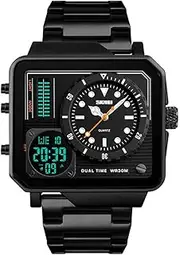 [Gosasa] Men's Square Large Face Stainless Steel Digital Sports Watch, LED Analog Quartz Wrist Watch with Multi-Time Zone Waterproof Stopwatch