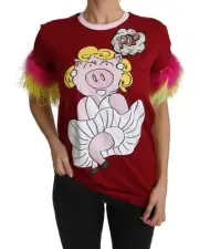 Dolce & Gabbana Gorgeous Pig Print T-shirt with Feather Sleeves Women Red Tops