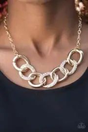 Paparazzi Necklace- Here to Slay- Gold With White Rhinestones