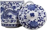 QPOIBSD Chinese Gongfu Loose Leaf Tea/Coffee Brewing System - Bone China Porcelain Cup With Lid and Tea Ball (Blue Dragon)