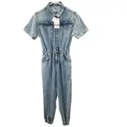 Zara Denim Jumpsuit Girls 13 14 Snap Front Short Sleeve Jogger Style NWT