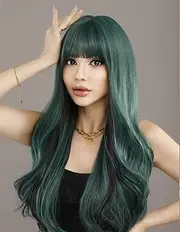 Womens Long Layered Green with Black Highlight Wigs with Bangs Heat Resistant Synthetic Fibre Wigs (Black Green)
