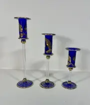 set of 3 Vintage Cobalt Gold Filigree cut glass czech bohemian candle holders