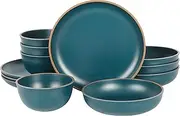 [Gibson Home] Rockabye 12 Piece Double Bowl Melamine Plastic Dinnerware Set - Matte Teal