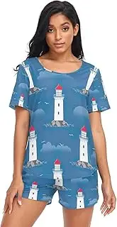 [RPLIFE] Whimsical Sweet Lighthouse Blue Pajama Set for Women, Soft Lightweight Womens Pajamas