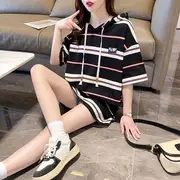 Short-Sleeve Striped Oversized Hooded Tee Black & Red - M