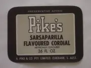 PIKES SARSAPARILLA FLAVOURED CORDIAL LABEL OAKBANK SOUTH AUSTRALIA c1960s.