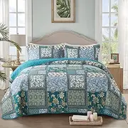 NEWLAKE Cotton Bedspread Quilt Sets-Reversible Patchwork Coverlet Set, Chic Floral Paisley Pattern, Queen Size
