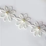 1 Yard Pearl Beaded Daisy Flower Lace Edge Trim Ribbon 1-1/2" Width Vintage Style Edging Trimmings Fabric Embroidered Applique Sewing Craft Wedding Bridal Dress Embroidery Clothes Decoration(White)