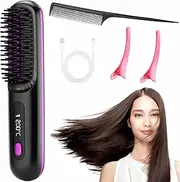 Cordless Hair Straightener Brush - Portable Straightening Comb For Travel Fast Heating USB-C Rechargeable, Smoother, Lightweight On-the-Go, Gift Styling Brush for Women, Mini Hair Straightener Comb