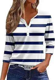 [Valtorixia] 3/4 Length Sleeve Women Henley V Neck Tops Casual Length Button Down Shirt Floral Print Blouses Plus Size Trendy Comfy Tees (Color-b-1,Medium)