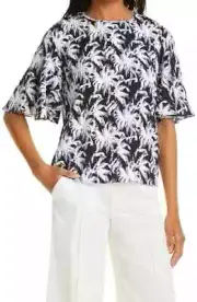 NWT Diane von Furstenberg Arlene Flutter Sleeve Top In Palm Size S #T1687