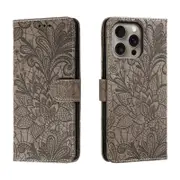 For iPhone 16 Pro Max Case, PU Leather Floral Lace Cover, Grey