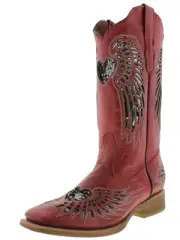 Womens Cowboy Boots Red Heart Wings Silver Sequins Square Toe Size 4.5, 5.5