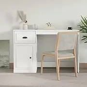 Modern White Engineered Wood Desk with Drawer, Storage Compartment, and Door for Home Office Work