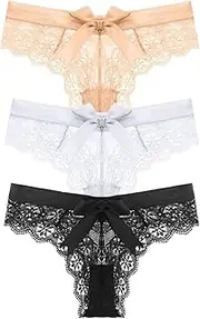 [Generic] Lace Thongs for Women G-String Tanga with Rhinestone-Embellished Cheeky Underwear 3 Pack