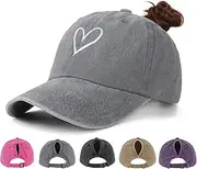 [WharFlag] Ponytail Baseball Cap for Women - Vintage Washed Adjustable Love Heart Embroidered High Bun Hat Ladies