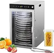 16 Tier Stainless Steel Fruit Dryer Machine, 800W Rotary Food Dehydrator with Food Clip Dried Fruit Jar, 30-90℃ Temperature/24H Timer Adjustment, Jerky Dehydrators for Vegetable