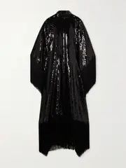 [Taller Marmo] Taller Marmo - Mrs Ross Disco Fringed Sequined Crepe Kaftan - Black - One size One size Black