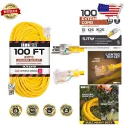 Weatherproof 100 Ft Extension Cord - 14/3 Heavy Duty Yellow with Lighted End