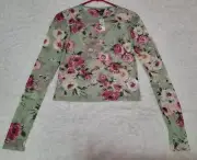 NWT Juniors Medium Sheer Green Garden Floral Long Sleeve Mesh Top AE Studio