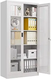 185cm Steel Locker Cabinet Lockable File Storage with 5 Adjustable Shelves & 2 Tempered Glass Door Display Cupboard Office Garage Stationary