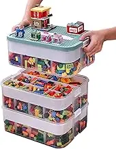METOY Kids Toy Organizer for Lego Stackable Storage, Adjustable Compartments Bins With Base Plates Lids,3 Tiers Clear Building Bricks Puzzle Boxes, Plastic Sorting Travel Chest Case (Green)