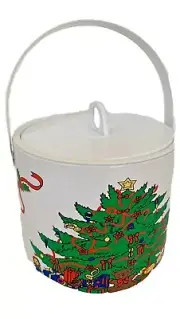 Vintage Christmas Ice Bucket and Tongs White Plastic Holiday Tree Swing Handle