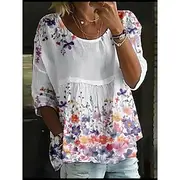 Women's Blouse Floral Stylish 3/4 Length Sleeve Crew Neck Regular Tops Daily Holiday Print White Yellow Light Green Pink Blue Summer