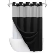 No Hook Shower Curtain with Snap-in Liner and See Through Top Window-Black