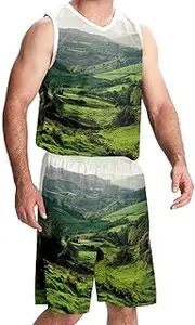[KQNZT] Basketball Jersey and Shorts, Outfit Tank Top Track Shorts, Men's Athletic Basketball Jerseys, Mountains Fields Nature Landscape