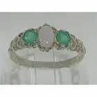 Solid 585 14K White Gold Ladies Colourful Fiery Natural Opal & Emerald Ring