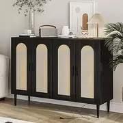 Patikuin Rattan Sideboard Buffet Cabinet, 4 Doors Accent Storage Cabinet, Console Table Coffee Bar with Power Outlet, Adjustable Shelves for Kitchen, Dining Room, Hallway, Living Room - Black