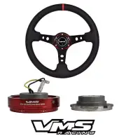 VMS RACING RED LEATHER 350MM STEERING WHEEL + QUICK RELEASE FOR MITSUBISHI (for: Mitsubishi)