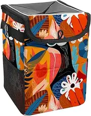 Car Trash Can with Lid and Storage Pockets Leak-Proof Organizer,Waterproof Garbage Can,Abstract Plant Hawaiian Art Pattern