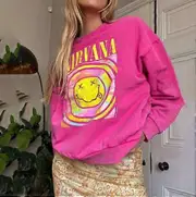 Nirvana Smiley Face Crewneck Sweatshirt Casual hoodie Pink L