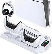 PS5 Stand PnxdeobXL Multifunctional Stand with 3 USB Ports & Cooling Function - Vertical Charging Station for 2 Controllers + Headset Holder, Compatible with All Models (Slim/Digital/Pro)