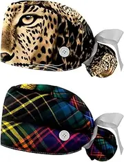 [YTYVAGT] 2-Pc,Nurse Scrub Caps,Scrub Hats with Buttons and Cotton Sweatband,Classic Leopard Print