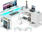 ODK L Shaped Desk with 4 Drawers, Corner Gaming Desk with LED Lights & Power Outlets, Reversible Home Office Computer Desk with Monitor Shelf,135 * 112.1 * 91.2cm, White