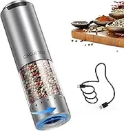 CIRCLE JOY Electric Pepper Grinder Stainless Steel Rechargeable Pepper Mill Grinder with 6 Levels Adjustable Coarseness, White LED Light, USB Cable