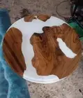 White Epoxy Round Coffee Table,Resin Desktop Table, Acacia Wood Counter Top Bar