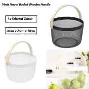 Mesh Storage Basket Wood Handle Kitchen Pantry Fruit Wire Organiser Black White