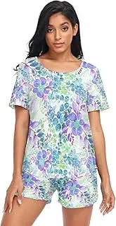 [RPLIFE] Watercolor Blue Green Purple Floral Leaves Lady Pajama Set, Matching Lounging Sets Women