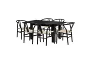 Oikiture 160cm Extendable Dining Table with 6x Hans Wegner Dining Chairs Black
