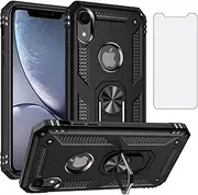 Phone Case for iPhone XR with Tempered Glass Screen Protector Magnetic Stand Ring Holder Accessories Heavy Duty Rugged Protective Shockproof Hard Bumper iPhoneXR i 10XR 10R 10 X R RX Women Men Black
