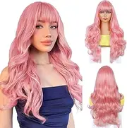 QUEENTAS 24 Inch Long Pink Wigs for Women Shoulder Length with Bangs Wavy Cruly Wig Synthetic Hair Wig